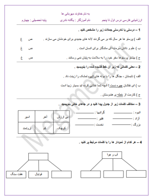 نمونه سوال فارسی چهارم - درس یک تا پنج