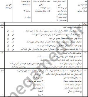 آزمون تشریحی نیم سال اول فلسفه دوازدهم با پاسخنامه